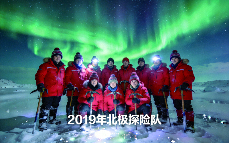2019年北极探险队合影与极光背景