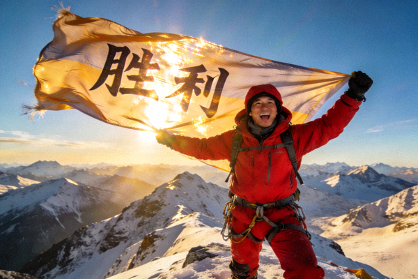 登山者成功登顶后展开旗帜的胜利瞬间